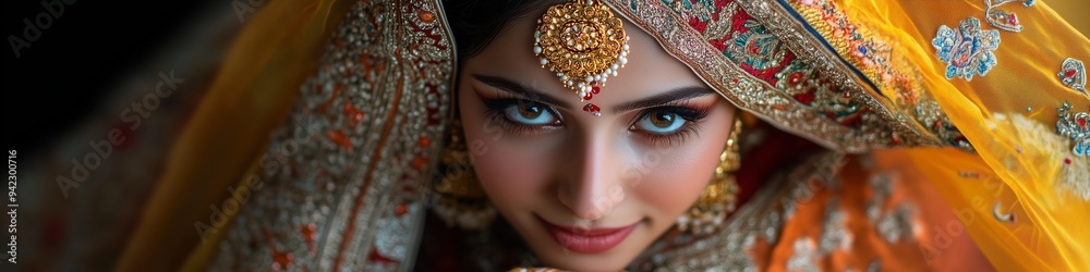 A young beautiful Indian bride in a national costume. On her face there is calm confidence, happiness and tenderness. A young beautiful Indian bride in a national costume. On her face there is calm confidence, happiness and tenderness.