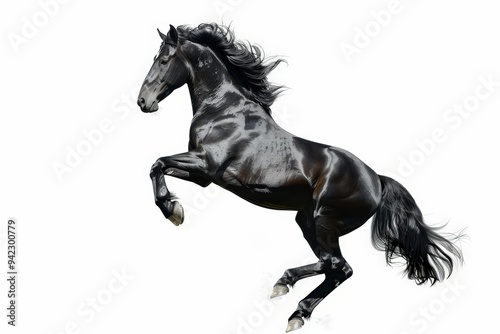 A majestic black horse leaping gracefully against a white background.