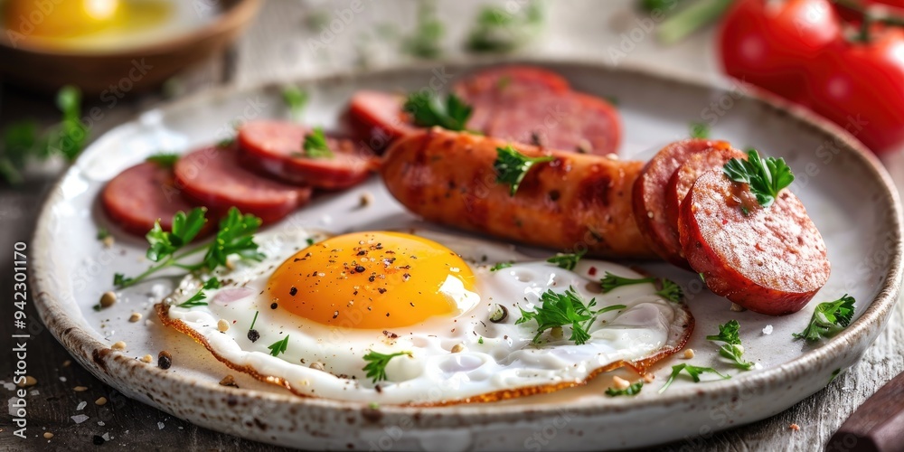 Fried egg and sliced sausage on a plate with a shallow depth of field