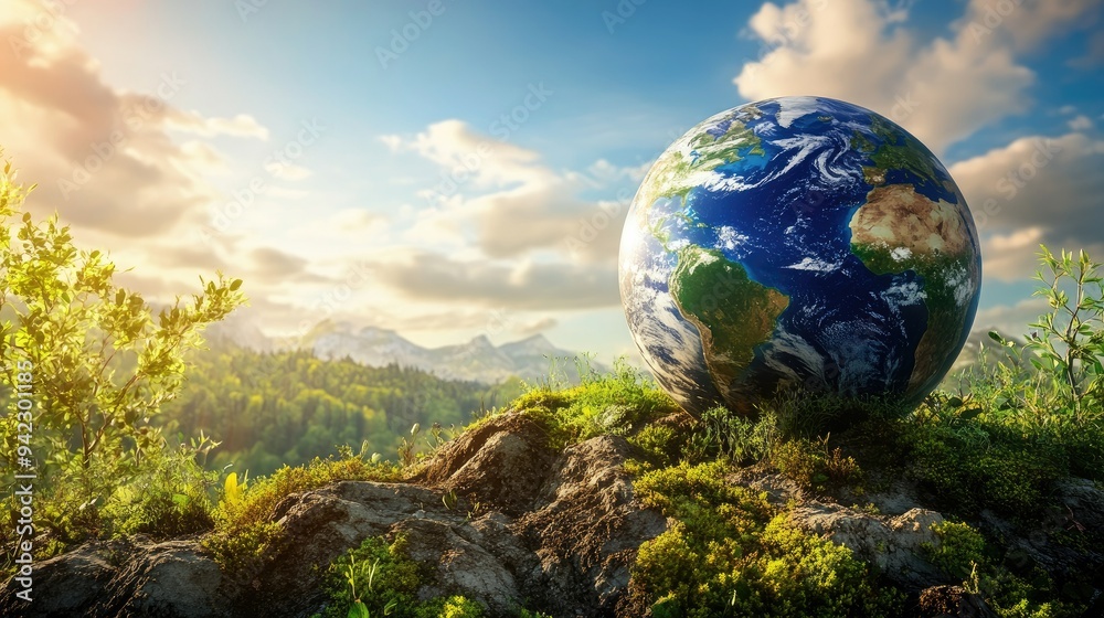 Earth Day background, with clear atmosphere, warm sunlight casting soft shadows on lush landscapes Earth Day background, with clear atmosphere, warm sunlight casting soft shadows on lush landscapes