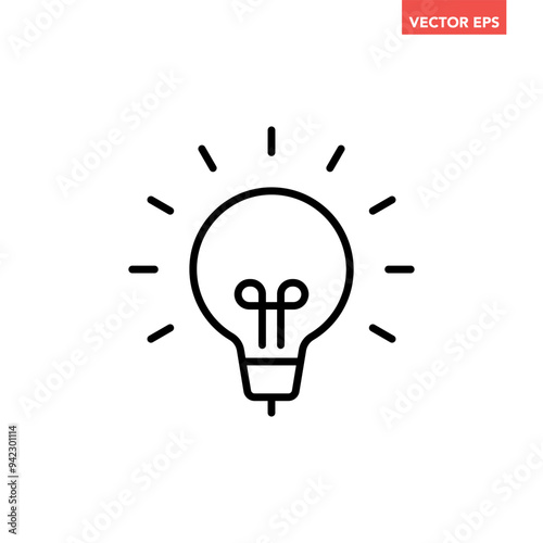 Single black brilliant idea line icon, simple shinning lightbulb flat design illustration pictogram, infographic vector for app web banner button ui interface elements isolated on white background