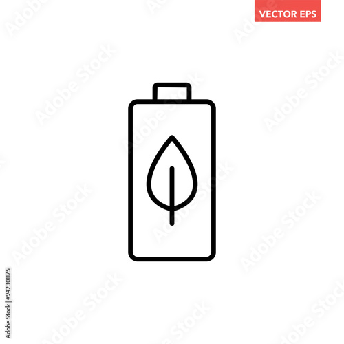 Black eco battery line con, simple environmentally friendly battery flat design vector pictogram, infographic vector for app logo web button ui ux interface elements isolated on white background