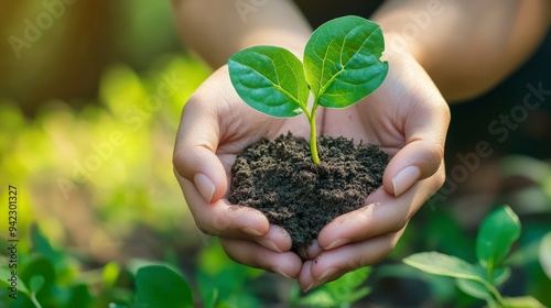 A person holding a small plant in soil, symbolizing growth and environmental care.