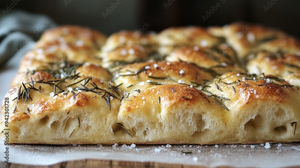 Focaccia with rosemary and sea salt, emphasizing texture and rustic beauty Focaccia with rosemary and sea salt, emphasizing texture and rustic beauty