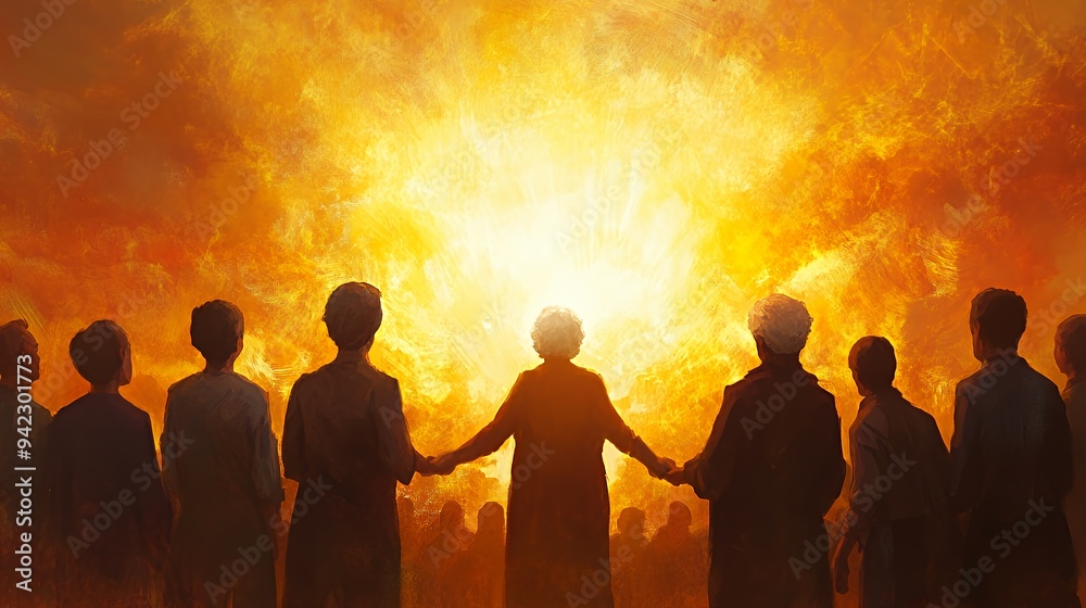 Silhouettes of people holding hands in front of a bright explosion, symbolizing unity and hope. Silhouettes of people holding hands in front of a bright explosion, symbolizing unity and hope.
