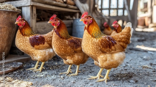 Three Brown Hens in a Barnyard