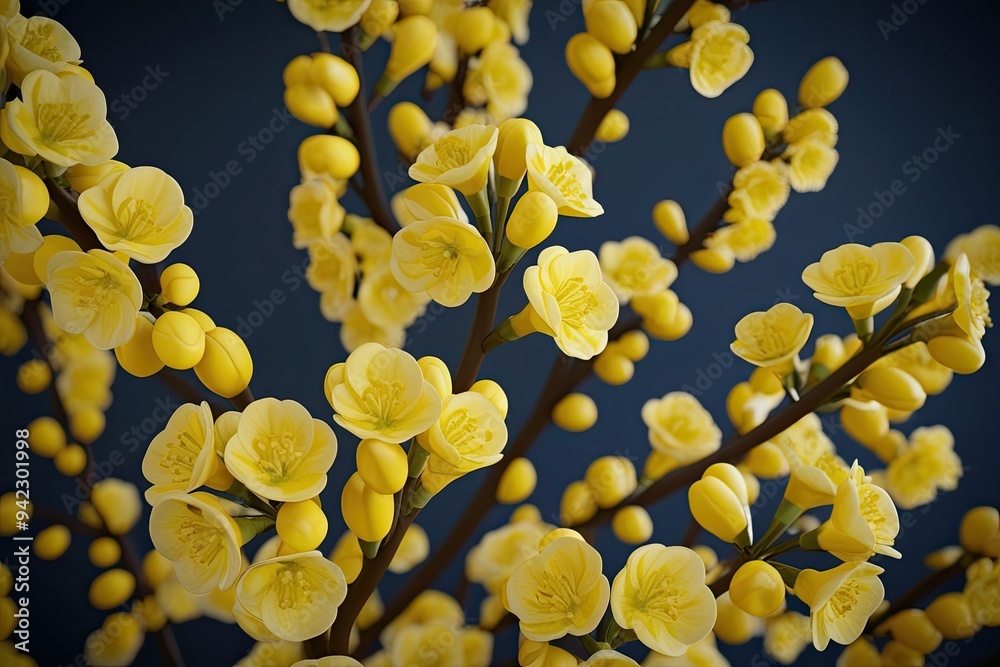 Fototapeta premium 3D Model of Vibrant Yellow Forsythia x Intermedia Flowers on Dark Background