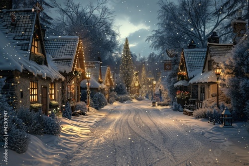 A festive scene with a lit Christmas tree standing out on a snowy street