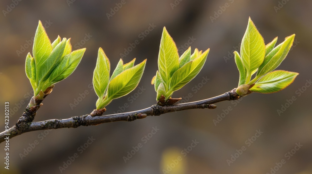 Fresh green leaves budding on tree branches