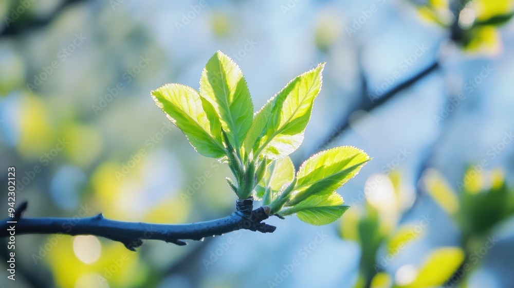 Fresh green leaves budding on tree branches Fresh green leaves budding on tree branches