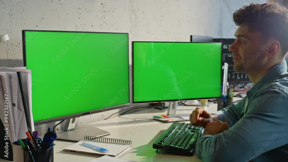 Happy entrepreneur gesturing mockup computer office closeup. Businessman talking Happy entrepreneur gesturing mockup computer office closeup. Businessman talking