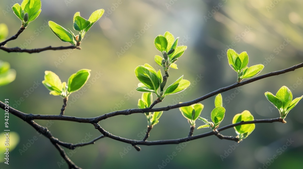 Fresh green leaves budding on tree branches