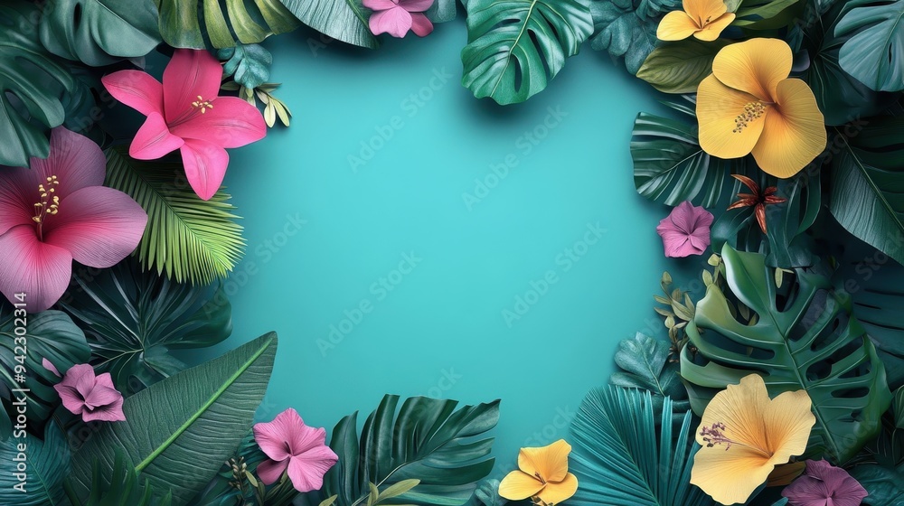 Tropical Flower Frame on Teal Background Tropical Flower Frame on Teal Background