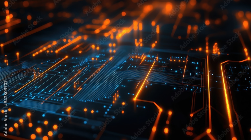 Glowing digital circuit board with cyber effects
