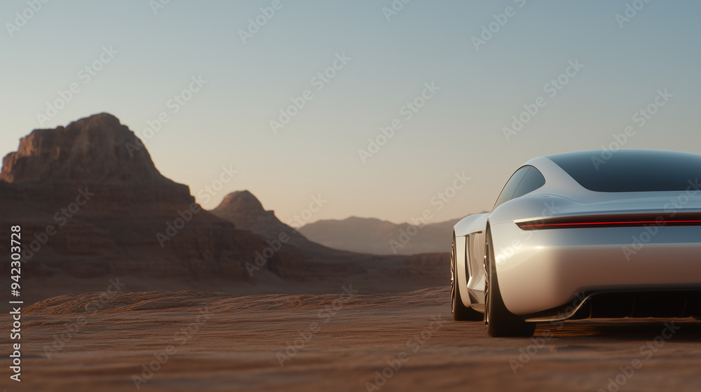 Obraz premium white futuristic electric concept car in the desert with mountains and sand at sunset