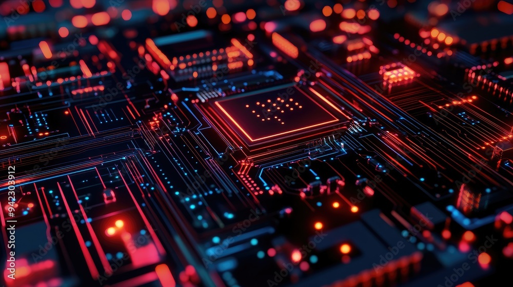Glowing digital circuit board with cyber effects