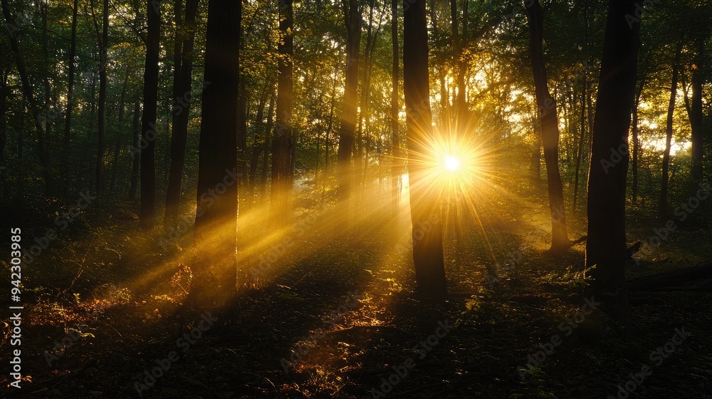 Obraz premium Golden hour sunlight streaming through forest