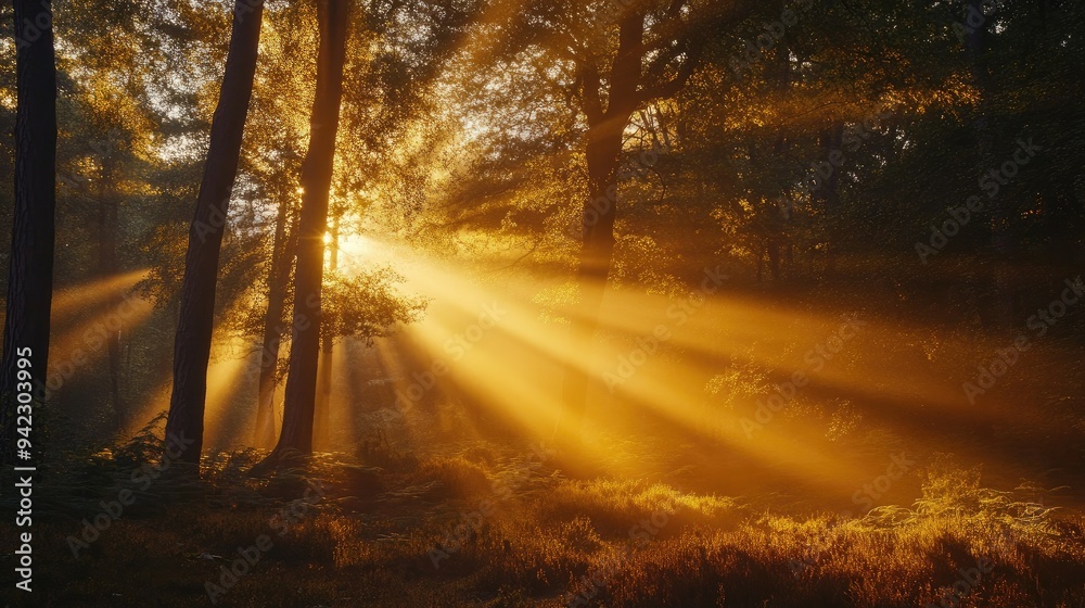 Golden hour sunlight streaming through forest Golden hour sunlight streaming through forest