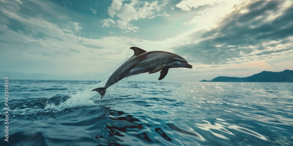 Dolphin leaping in turquoise sea with cloudy sky