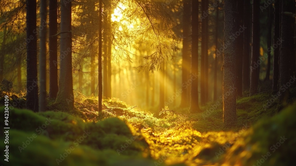 Obraz premium Golden hour sunlight streaming through forest