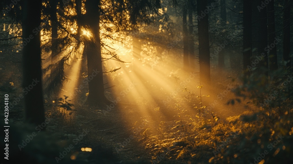 Obraz premium Golden hour sunlight streaming through forest