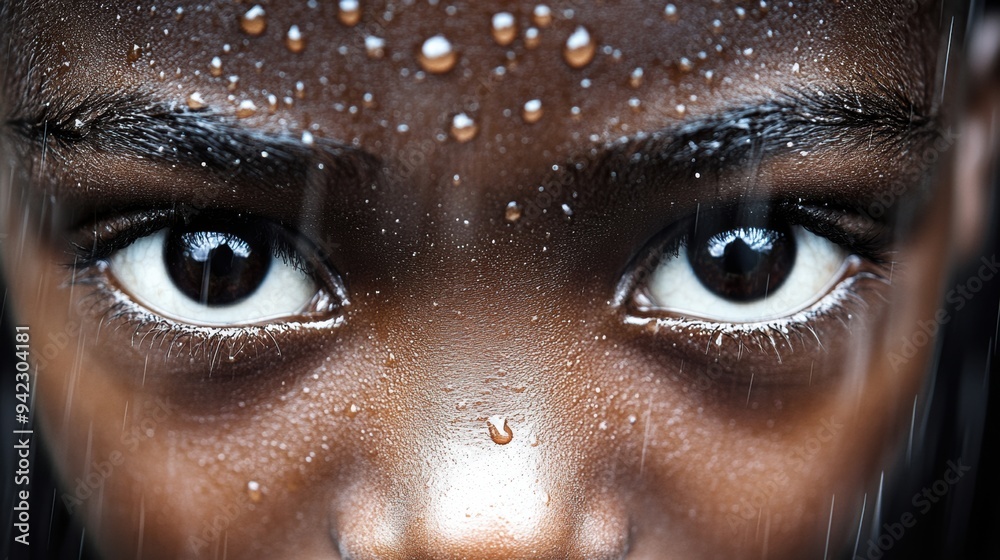 A close up of a black child with water droplets on his face, AI
