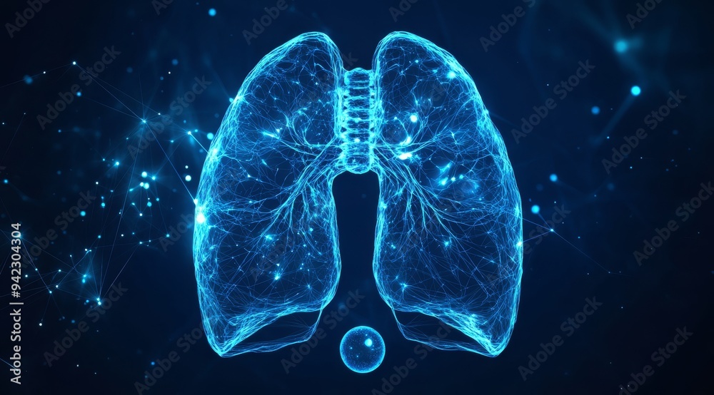 This artwork features an abstract representation of human lungs in vivid blue, encircled by a glowing neon sphere, symbolizing health care protection and futuristic concepts in medicine This artwork features an abstract representation of human lungs in vivid blue, encircled by a glowing neon sphere, symbolizing health care protection and futuristic concepts in medicine