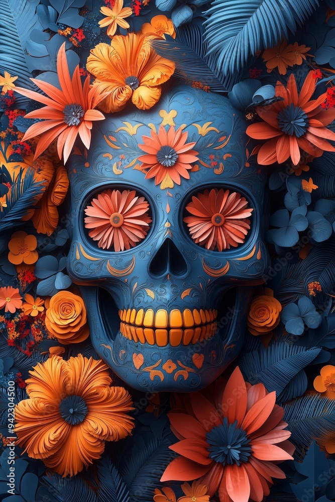 3D paper craft sugar skull with floral background, paper-cut style, vibrant colors, celebrating dia de los muertos 3D paper craft sugar skull with floral background, paper-cut style, vibrant colors, celebrating dia de los muertos