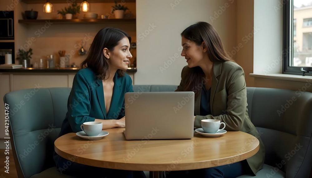 Two professional women engaged in a discussion over coffee and a laptop at a stylish café, showcasing teamwork and modern work environments. Two professional women engaged in a discussion over coffee and a laptop at a stylish café, showcasing teamwork and modern work environments.