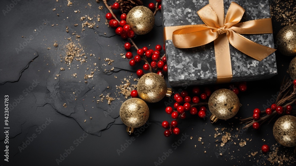 image of top view of Christmas decorations consisting of gift with ribbon placed on dark surface with red holly image of top view of Christmas decorations consisting of gift with ribbon placed on dark surface with red holly