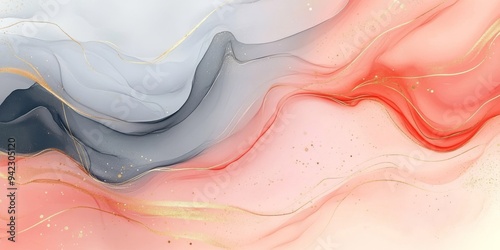 An elegantly crafted abstract background that features soft, flowing watercolor waves in a harmonious blend of red, gray, and peach colors, making it ideally suited for minimalistic design aesthetics