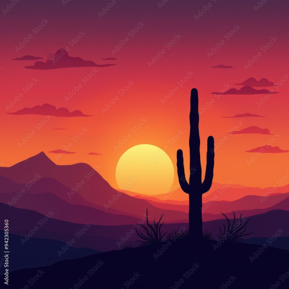 Fototapeta premium Silhouette of saguaro cactus against vibrant desert sunset, mountains in background, dramatic sky with glowing sun and clouds