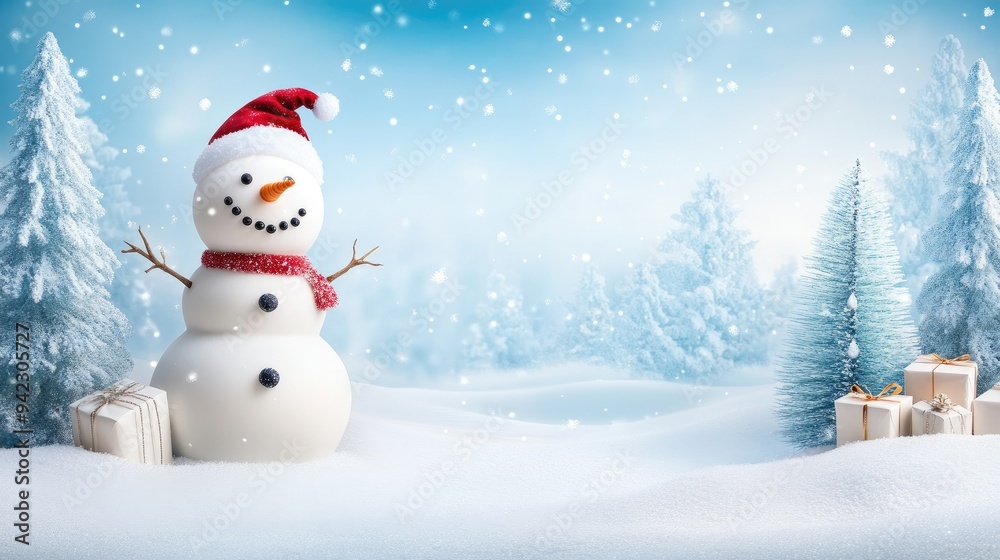 Happy snowman standing in christmas landscape. Snow background with copy space Happy snowman standing in christmas landscape. Snow background with copy space