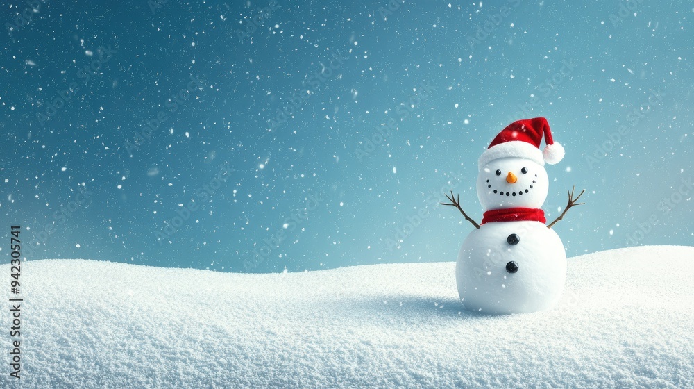 Fototapeta premium Happy snowman standing in christmas landscape. Snow background with copy space