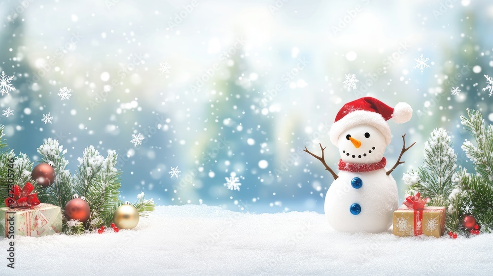 Happy snowman standing in christmas landscape. Snow background with copy space Happy snowman standing in christmas landscape. Snow background with copy space