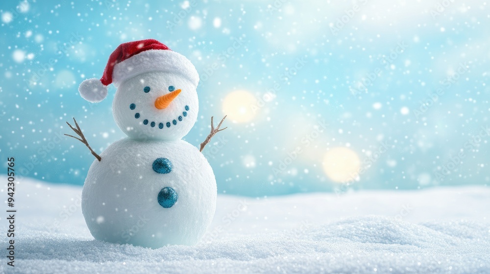 Fototapeta premium Happy snowman standing in christmas landscape. Snow background with copy space