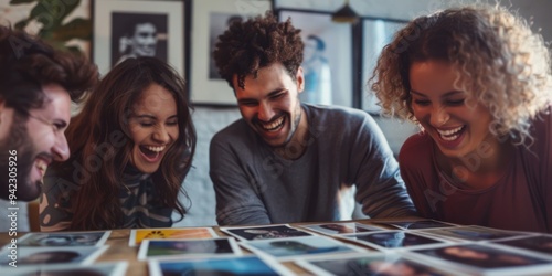 A group of friends looking at a collection of photos, sharing laughs and stories