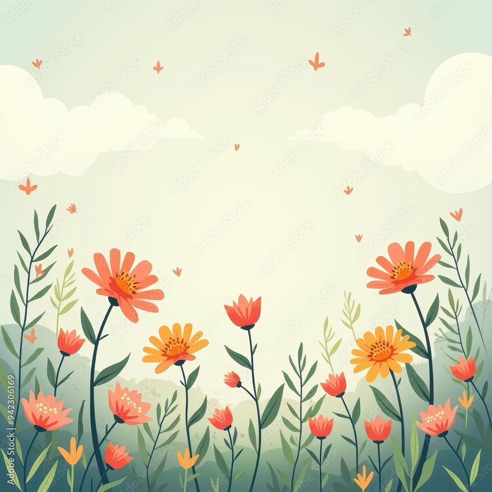 A field of colorful flowers in bloom against a soft, blue sky. The flowers are arranged in a whimsical, almost abstract way, creating a beautiful and cheerful scene. A field of colorful flowers in bloom against a soft, blue sky. The flowers are arranged in a whimsical, almost abstract way, creating a beautiful and cheerful scene.