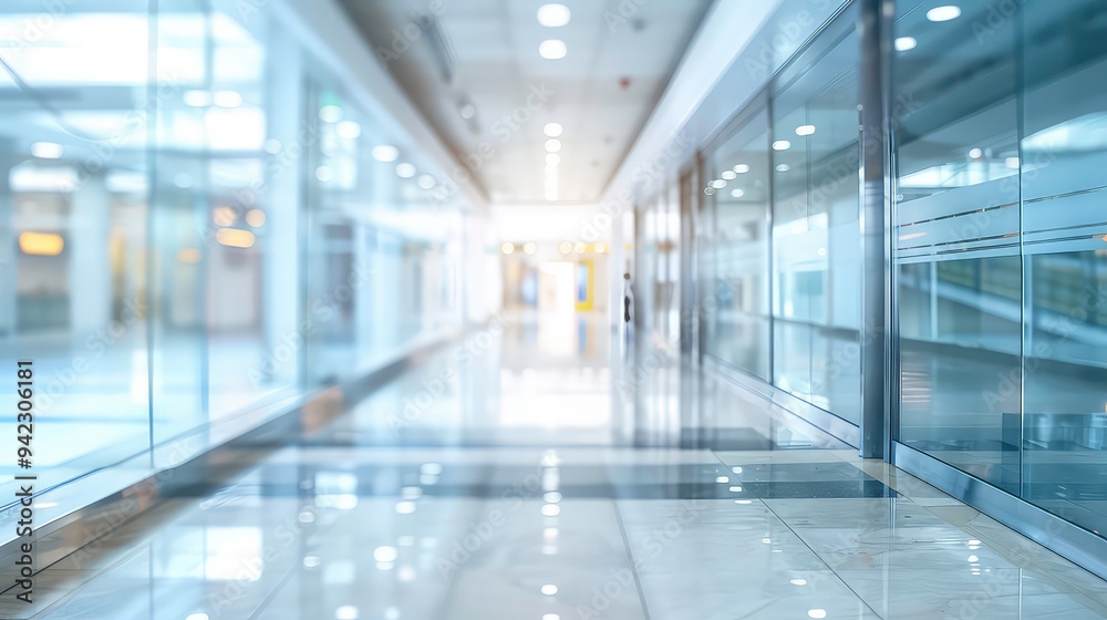 Blurred perspective of a clean, modern hallway with tiled floor and glass walls. Blurred perspective of a clean, modern hallway with tiled floor and glass walls.