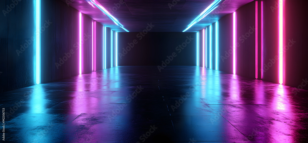 Futuristic Sci-Fi Abstract Blue And Purple Neon Light Shapes On Black Background And Reflective Concrete With Empty Space For Text 3D Rendering