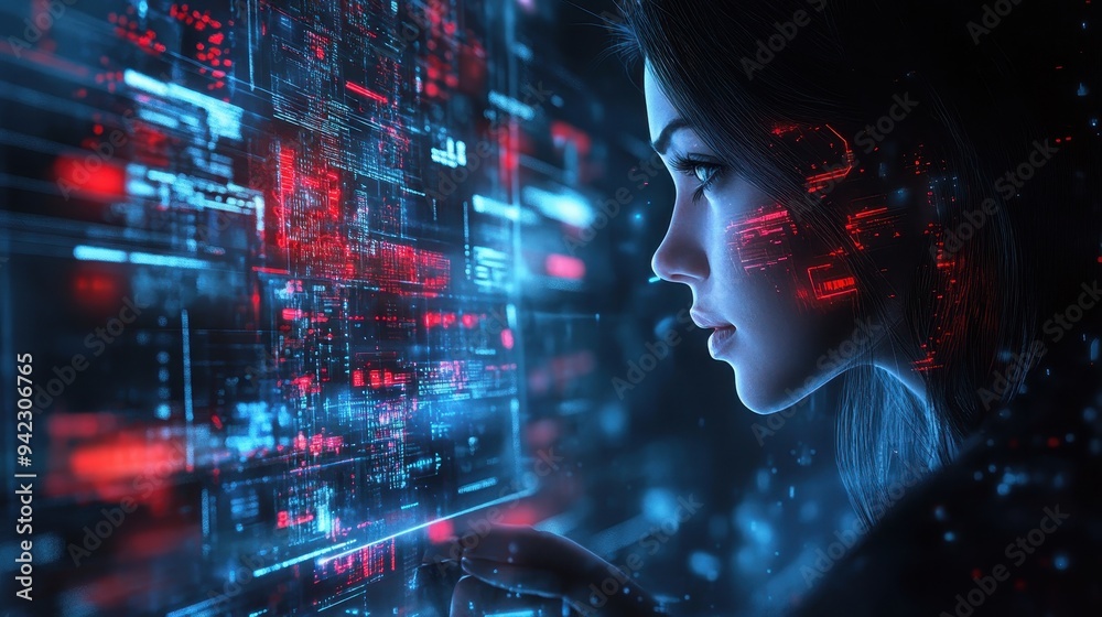 Woman Looking At Futuristic Digital Interface With Red And Blue Lights Woman Looking At Futuristic Digital Interface With Red And Blue Lights