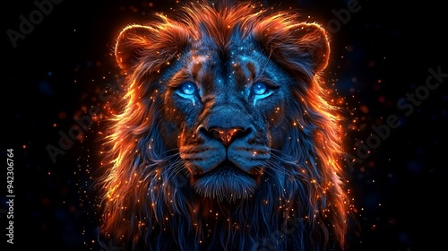 A vibrant, glowing lion's face with striking blue eyes and a fiery mane.