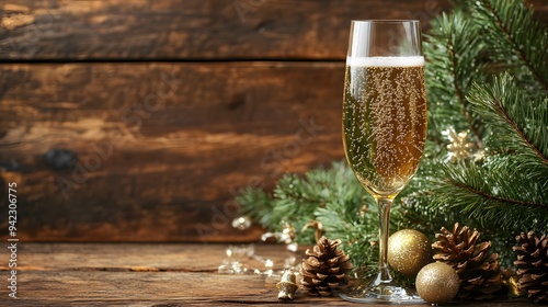 New Year Greeting card. Champagne glass decorated with Christmas decorations on wooden brown background with pine tree branches and pine cones
 photo