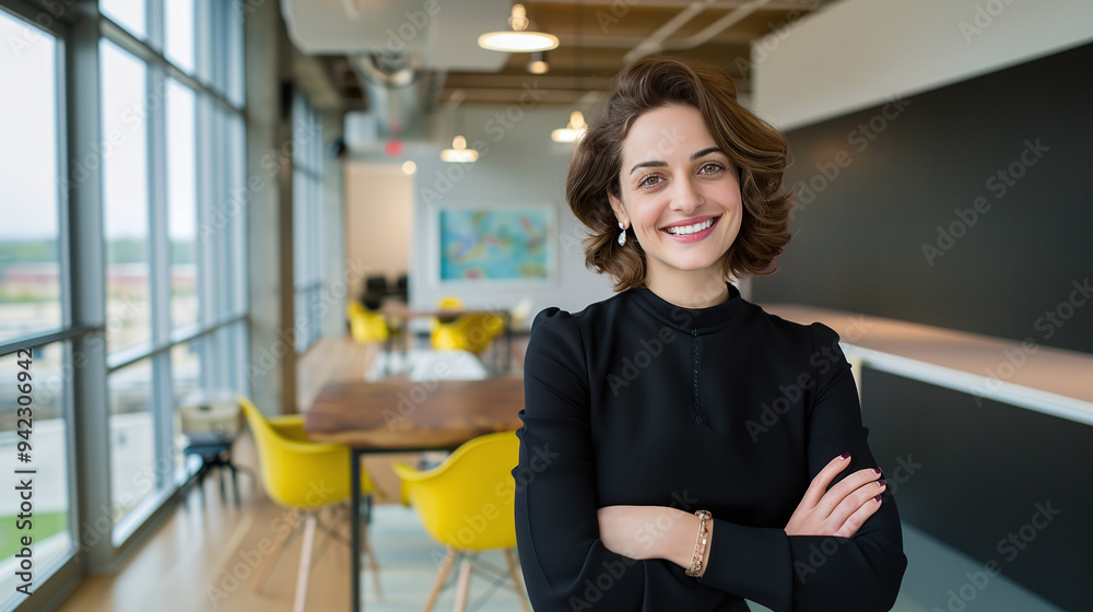 an American female business leader in a modern office, standing with her arms crossed and smiling confidently