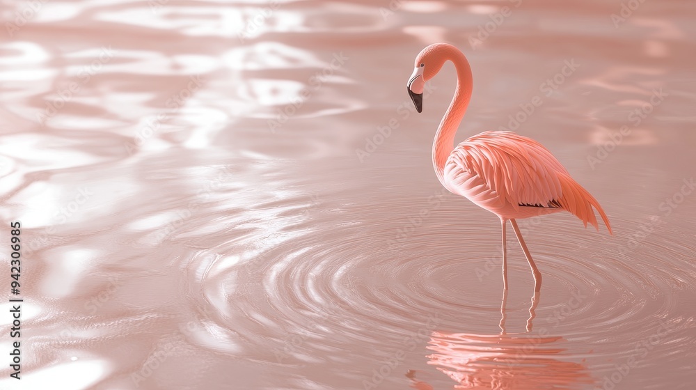 Fototapeta premium Pink Flamingo Standing in Calm Water with Ripples