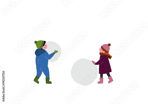 冬に外で雪遊びをする子供たちのイラスト
