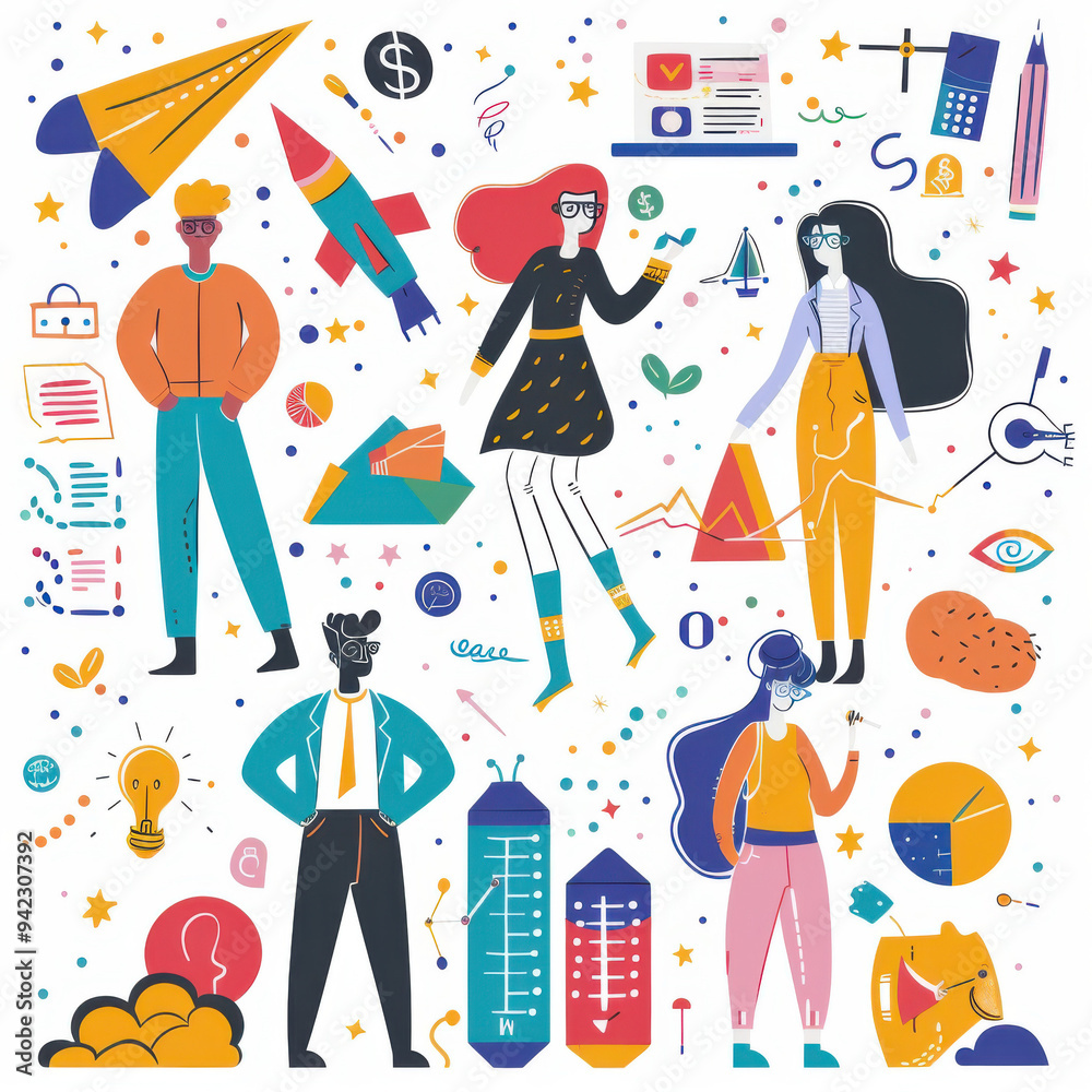 Characters designed in a Jetsons-inspired style, featuring a conceptual representation of financial data. The illustration uses millennial colors with a white background, blending futuristic elements Characters designed in a Jetsons-inspired style, featuring a conceptual representation of financial data. The illustration uses millennial colors with a white background, blending futuristic elements