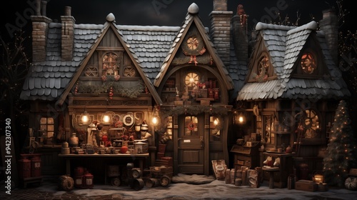 Inside Santa's North Pole workshop, merry elves craft gifts for the grand Christmas night, spreading joy worldwide