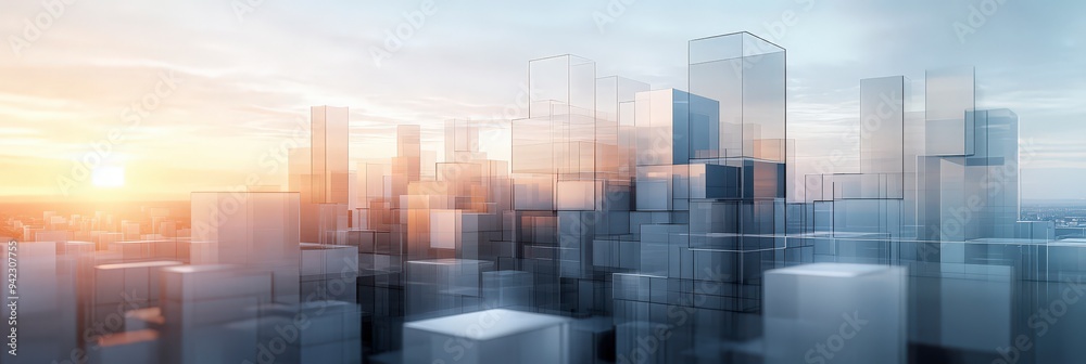 A futuristic cityscape with transparent buildings reflecting the sunset. A futuristic cityscape with transparent buildings reflecting the sunset.