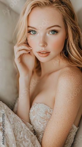 A blonde woman with green eyes poses in a lace dress generated with AI